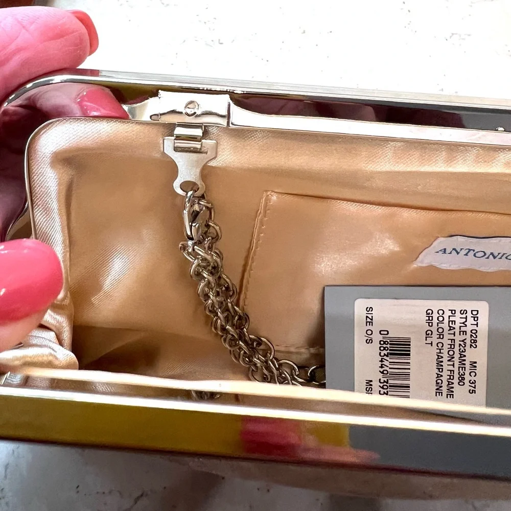 Antonio Melani Pleat Front Metallic Clutch Champagne Fabric Silver Hardware NWT